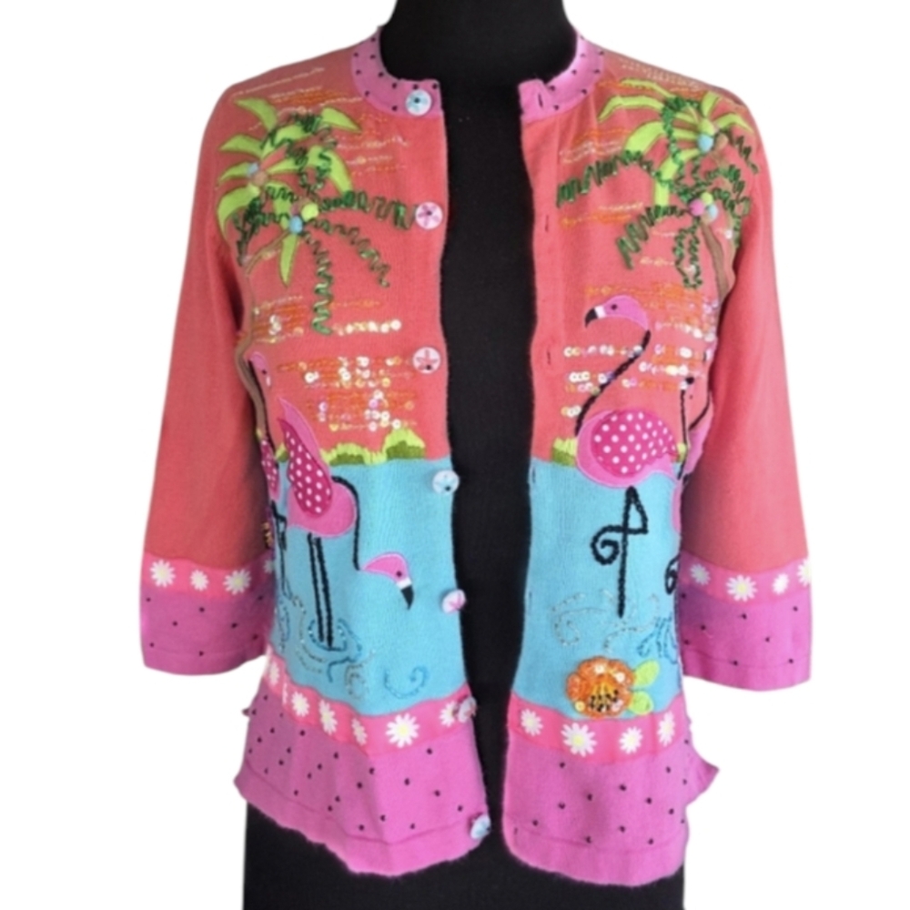 Vintage Pink Coral & Aqua Flamingo Embroidered Cardigan